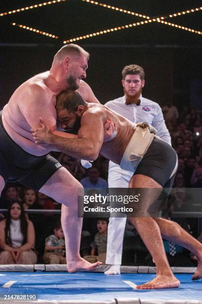 Soslan "Big Bear" Gaglov and Mohamed "Black Horse" Kamal at the World Championship Sumo held at The Theater at Madison Square Garden on April 13,...