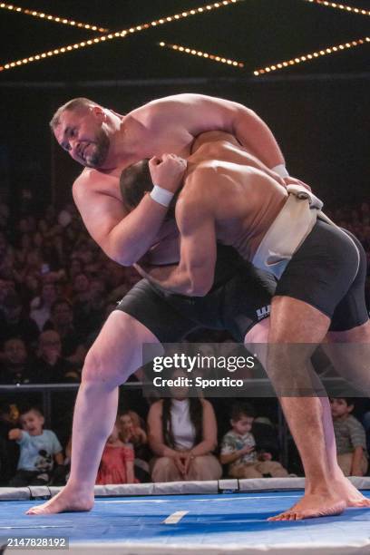 Soslan "Big Bear" Gaglov and Mohamed "Black Horse" Kamal at the World Championship Sumo held at The Theater at Madison Square Garden on April 13,...