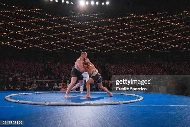 Soslan "Big Bear" Gaglov and Mohamed "Black Horse" Kamal at the World Championship Sumo held at The Theater at Madison Square Garden on April 13,...