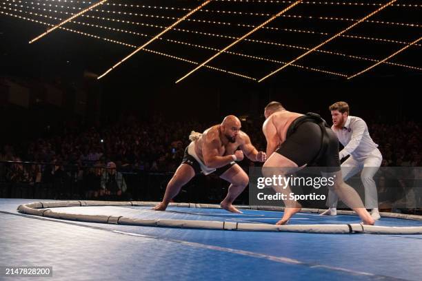 Oosuna "Sandstorm" Arashi and Soslan "Big Bear" Gaglov at the World Championship Sumo held at The Theater at Madison Square Garden on April 13, 2024...