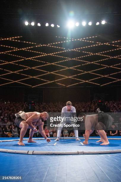 Oosuna "Sandstorm" Arashi and Rui "The Hurricane" Junior at the World Championship Sumo held at The Theater at Madison Square Garden on April 13,...