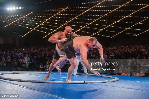 Oosuna "Sandstorm" Arashi and Soslan "Big Bear" Gaglov at the World Championship Sumo held at The Theater at Madison Square Garden on April 13, 2024...