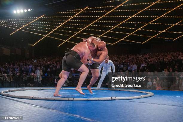 Oosuna "Sandstorm" Arashi and Soslan "Big Bear" Gaglov at the World Championship Sumo held at The Theater at Madison Square Garden on April 13, 2024...