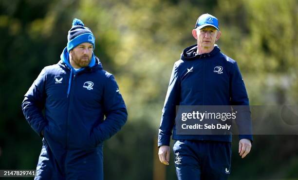 Dublin , Ireland - 15 April 2024; Head coach Leo Cullen, right, and contact skills coach Sean O'Brien during a Leinster Rugby squad training session...