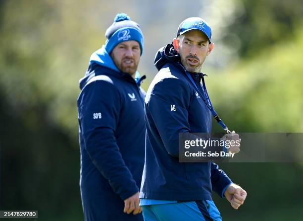 Dublin , Ireland - 15 April 2024; Backs coach Andrew Goodman, right, and contact skills coach Sean O'Brien during a Leinster Rugby squad training...