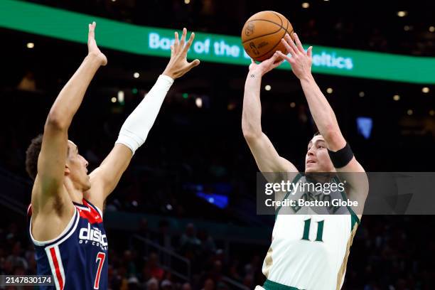 Boston, MA Boston Celtics guard Payton Pritchard goes up for a shot against Washington Wizards forward Patrick Baldwin Jr. In the first quarter.