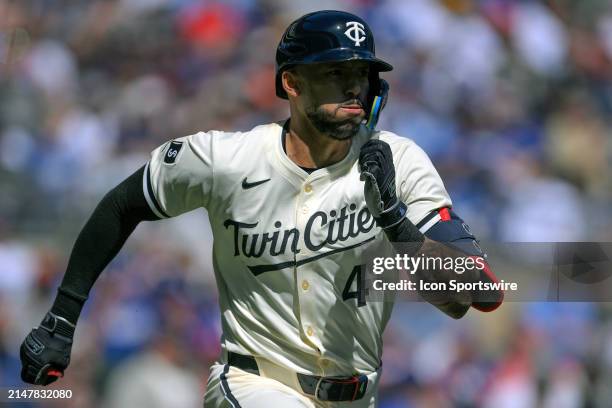 Minnesota Twins infielder Carlos Correa runs to first during a MLB game between the Minnesota Twins and Los Angeles Dodgers on April 10 at Target...
