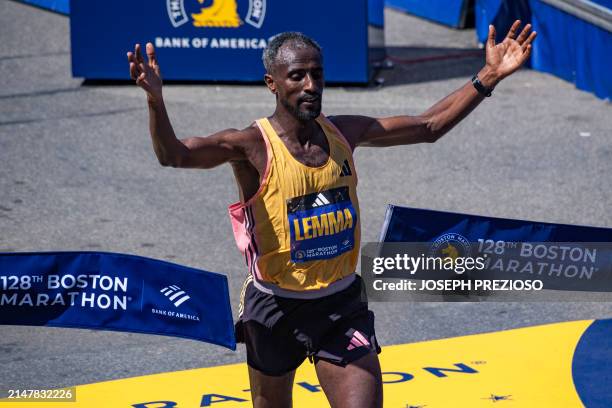 Sisay Lemma of Ethiopia takes first place in the men's professional field during the 128th Boston Marathon in Boston, Massachusetts, on April 15,...