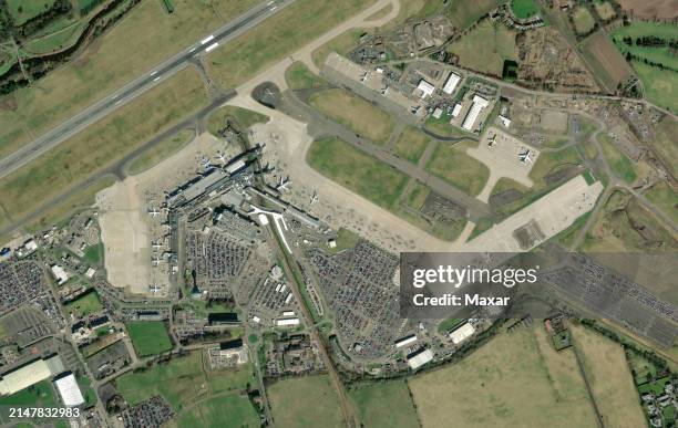 Maxar closeup satellite imagery of the Edinburgh Airport in the United Kingdom. Please use: Satellite image 2024 Maxar Technologies.