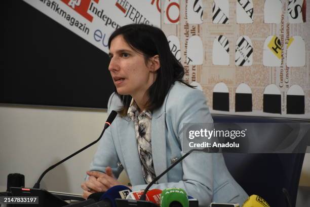 The Secretary of the main opposition party in Italy, Democratic Party and Member of the Chamber of Deputies Elly Schlein makes assessments at the...