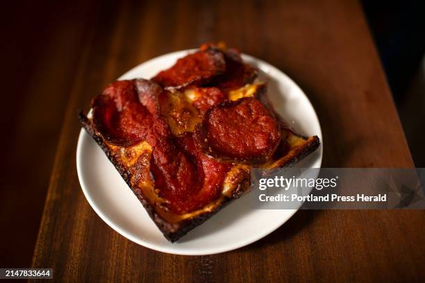 Detroit-style pizza made with Salumeria Biellese pepperoni, muenster and mozzarella cheese, and house-made sauce at South Freeport Village Market.