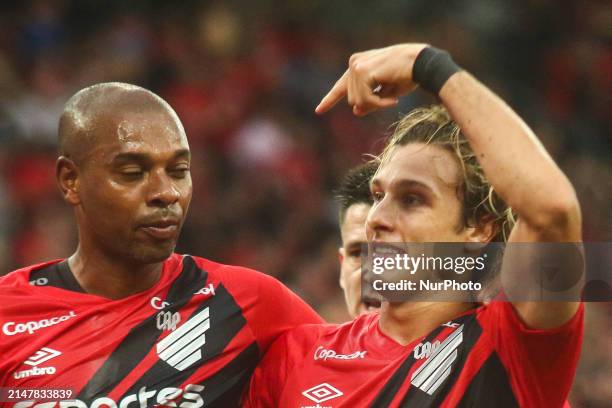 An Athletico PR player is in action during the match against Cuiaba for the Brazilian League Serie A Round 1 at Arena da Baixada Stadium in Curitiba,...