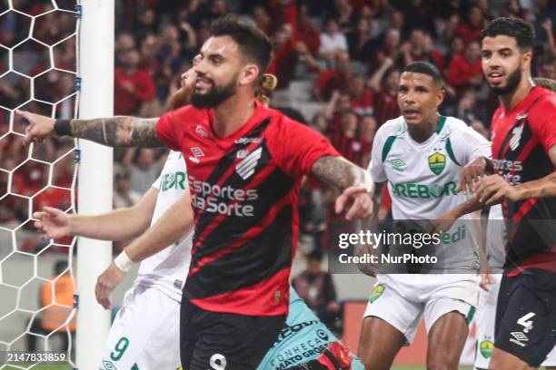 Athletico PR player Mastriani is celebrating his goal in the match against Cuiaba for the Brazilian League Serie A Round 1 at Ligga Arena Stadium in...