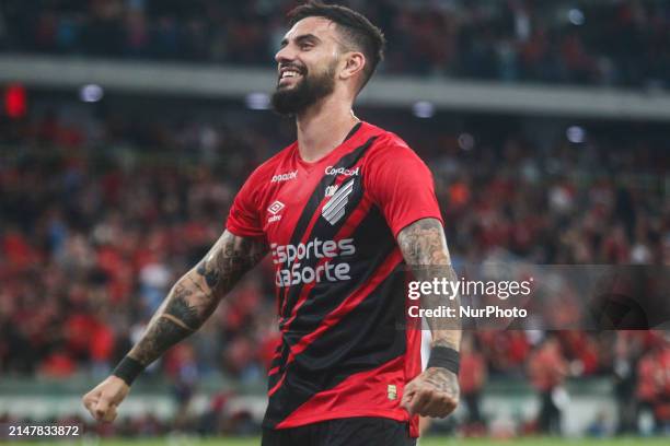 Athletico PR player Mastriani is celebrating his goal in the match against Cuiaba for the Brazilian League Serie A Round 1 at Ligga Arena Stadium in...