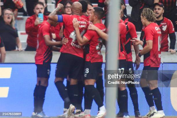 Athletico PR player Pablo is celebrating his goal in the match against Cuiaba for the Brazilian League Serie A Round 1 at Ligga Arena Stadium in...