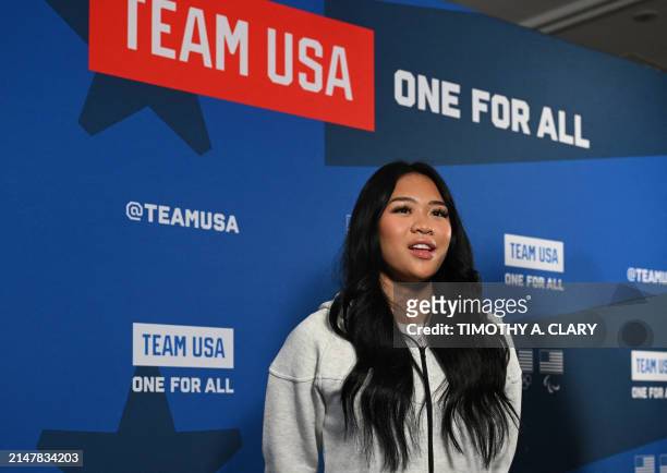 Gymnast Sunisa "Suni" Lee speaks to the press during the Team USA Media Summit in New York City on April 15 ahead of the 2024 Paris Summer Olympics.