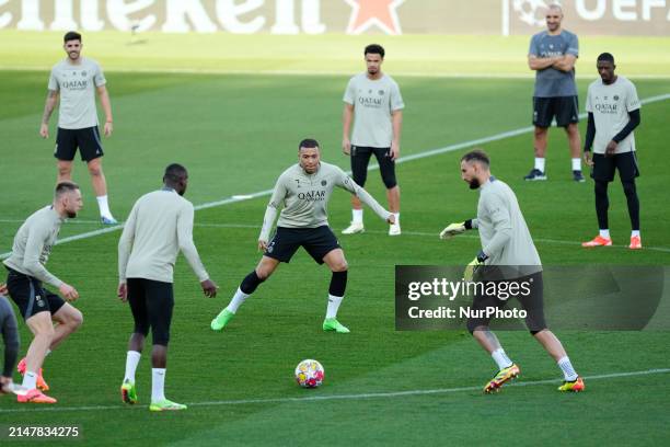 Kylian Mbappe centre-forward of PSG and France during the training session before the UEFA Champions League quarter-final second leg match between FC...
