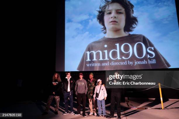 Olan Prenatt, Ryder McLaughlin, Gio Galicia, Na-kel Smith, Sunny Suljic, Jonah Hill, Director/Writer/Producer, seen at A24 'mid90s' screening at West...