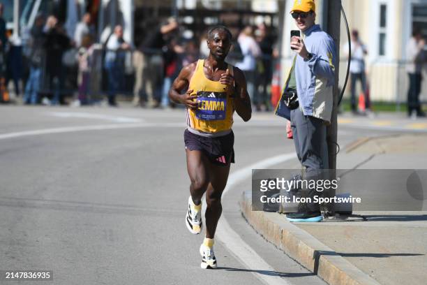 Sisay Lemma of Ethiopia runs as the lead runner of the men's division of the 128th Boston Marathon on April 15, 2024 in Framingham, MA.