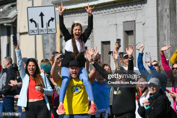 Spectators cheer during the men's division of the 128th Boston Marathon on April 15, 2024 in Framingham, MA.