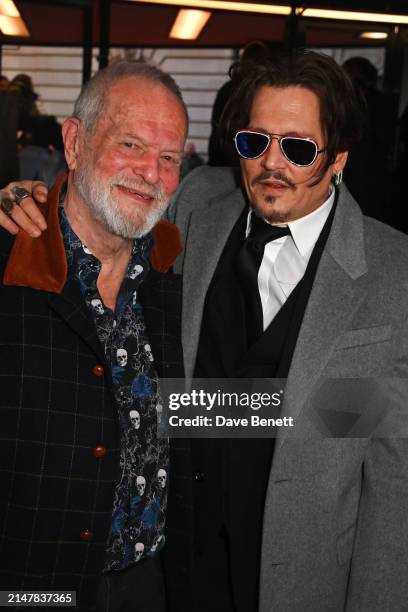 Terry Gilliam and Johnny Depp attend the UK Premiere of "Jeanne Du Barry" at The Curzon Mayfair on April 15, 2024 in London, England.