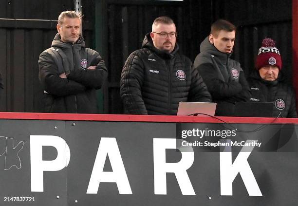 Dublin , Ireland - 15 April 2024; Bohemians staff, from left, first team coach analyst Alan Moore, analyst Martin Doyle, Aaron Fitzsimons and...