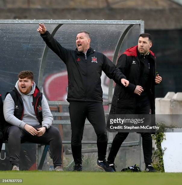 Dublin , Ireland - 15 April 2024; Dundalk staff, from left, video analyst Dominic Corrigan, interim head coach Liam Burns and coach Brian Gartland...