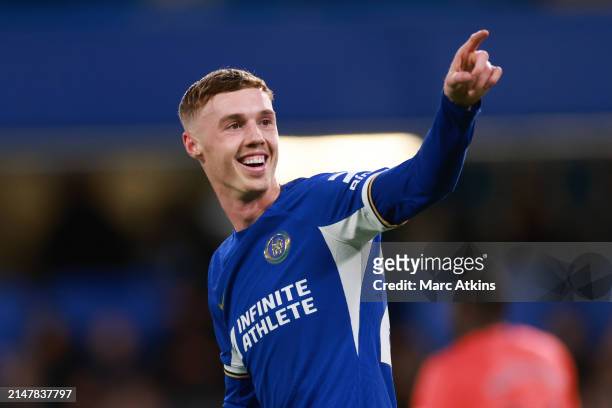 Cole Palmer of Chelsea celebrates during the Premier League match between Chelsea FC and Everton FC at Stamford Bridge on April 15, 2024 in London,...
