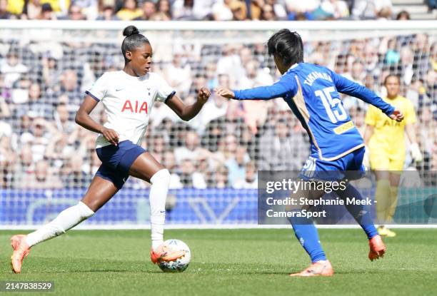 Tottenham Hotspur Women's Jessica Naz under pressure from Leicester City Women's Saori Takarada during Adobe Women's FA Cup Semi Final match between...