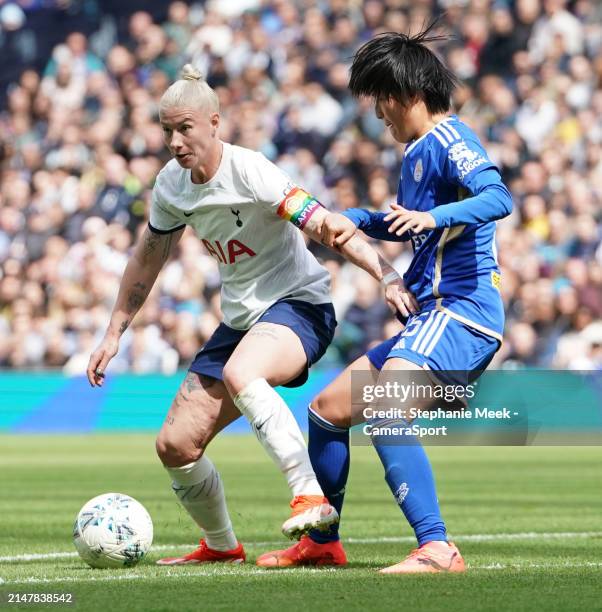 Tottenham Hotspur Women's Bethany England under pressure from Leicester City Women's Saori Takarada during Adobe Women's FA Cup Semi Final match...