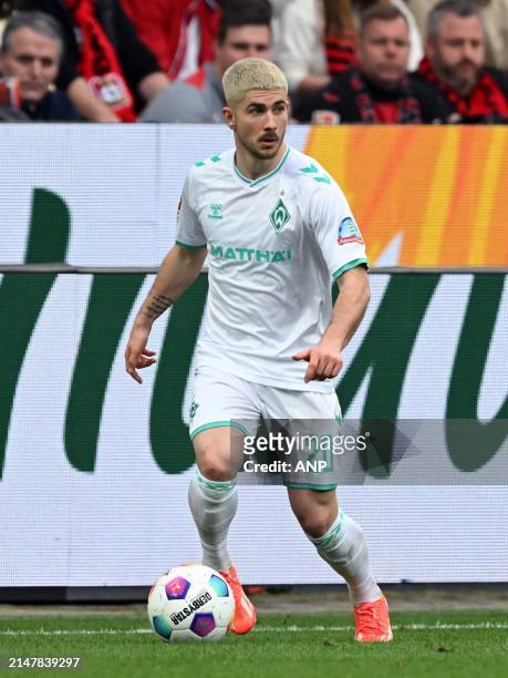 Romano Schmid of SV Werder Bremen during the Bundesliga match between Bayer 04 Leverkusen and Werder Bremen at the Bay Arena on April 14, 2024 in...