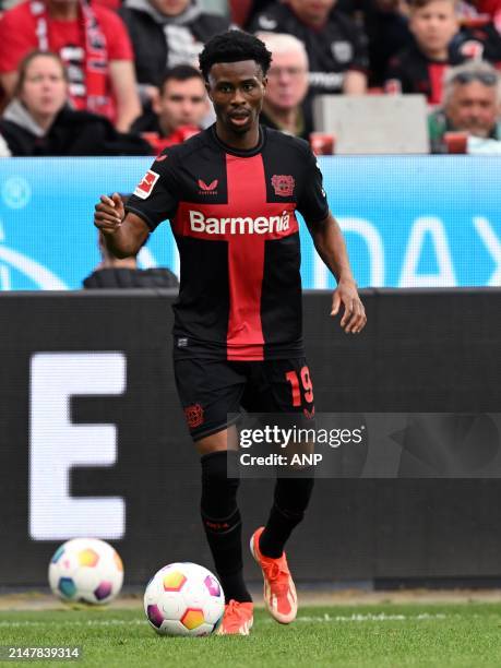 Nathan Tella of Bayer 04 Leverkusen during the Bundesliga match between Bayer 04 Leverkusen and Werder Bremen at the Bay Arena on April 14, 2024 in...