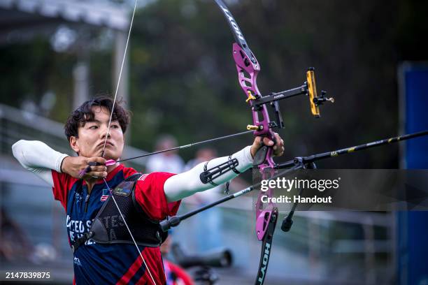 In this handout image provided by the World Archery Federation, Jackson Mirich of USA during the Men's recurve finals during the 2024 Pan American...