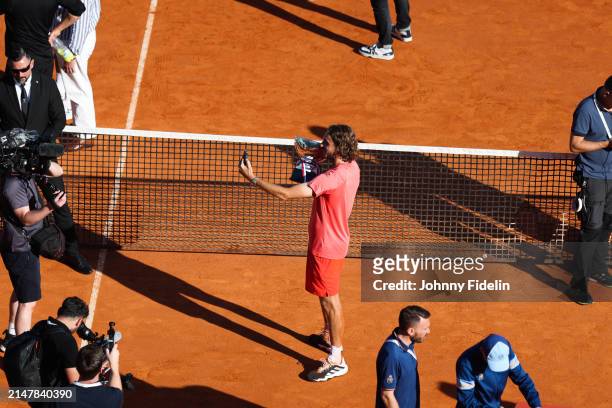 Stefanos TSITSIPAS of Greece celebrates the victory with the trophy during the final of Rolex Monte-Carlo Masters 1000 at Monte-Carlo Country Club on...