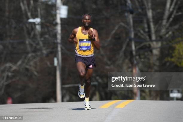 Sisay Lemma of Ethiopia runs as the lead runner of the men's division of the 128th Boston Marathon on April 15, 2024 in Framingham, MA.