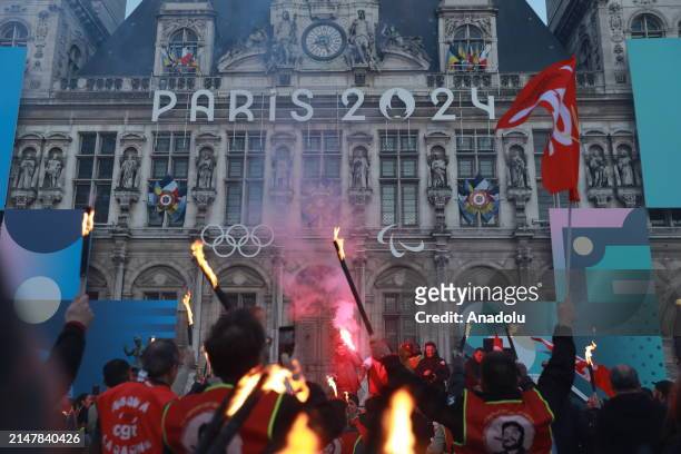 Torchlight march held rallying at the call of the CGT to maintain the social benefits of businesses in Paris, France on April 15, 2024.