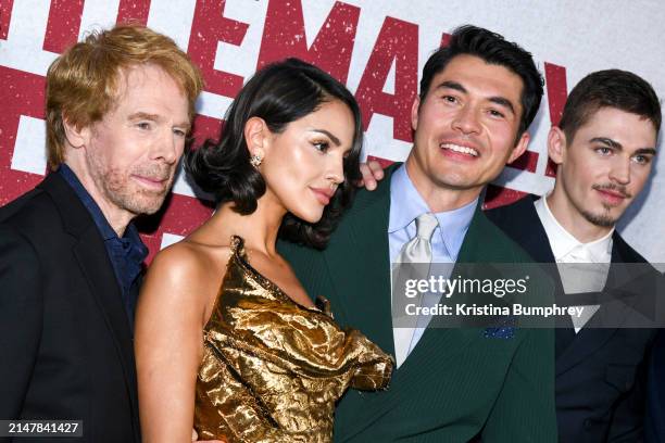 Jerry Bruckheimer, Eiza González, Henry Golding and Hero Fiennes Tiffin at the New York premiere of "The Ministry of Ungentlemanly Warfare" held at...