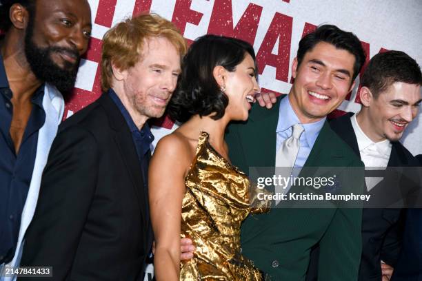 Babs Olusanmokun, Jerry Bruckheimer, Eiza González, Henry Golding and Hero Fiennes Tiffin at the New York premiere of "The Ministry of Ungentlemanly...