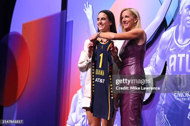 Caitlin Clark and Commissioner Cathy Engelbert of the WNBA poses for portrait after being selected first overall pick by the Indiana Fever during the...