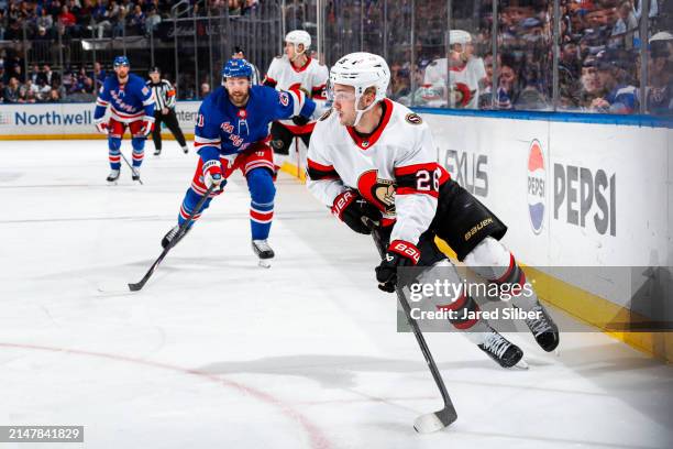 Erik Brannstrom of the Ottawa Senators skates with the puck against the New York Rangers at Madison Square Garden on April 15, 2024 in New York City.