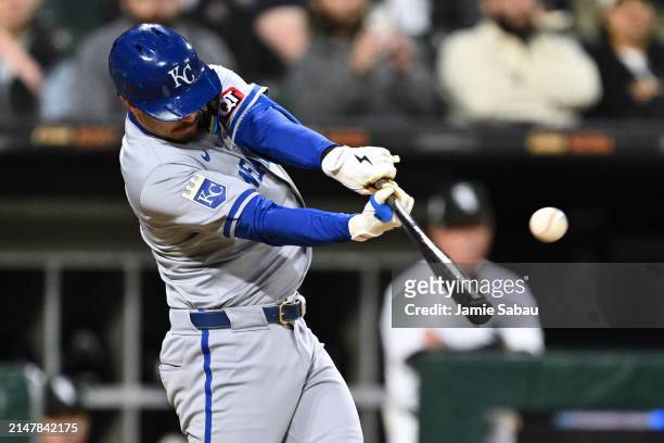 Nick Loftin of the Kansas City Royals hits a single in the fifth inning against the Chicago White Sox at Guaranteed Rate Field on April 15, 2024 in...