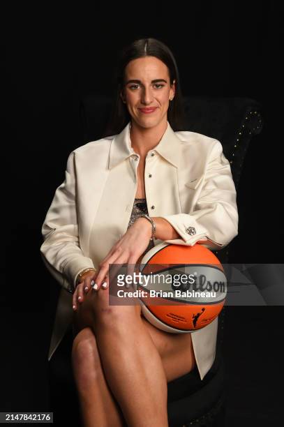 Caitlin Clark poses for a portrait after being selected first overall by the Indiana Fever during the 2024 WNBA Draft on April 14, 2025 at the...