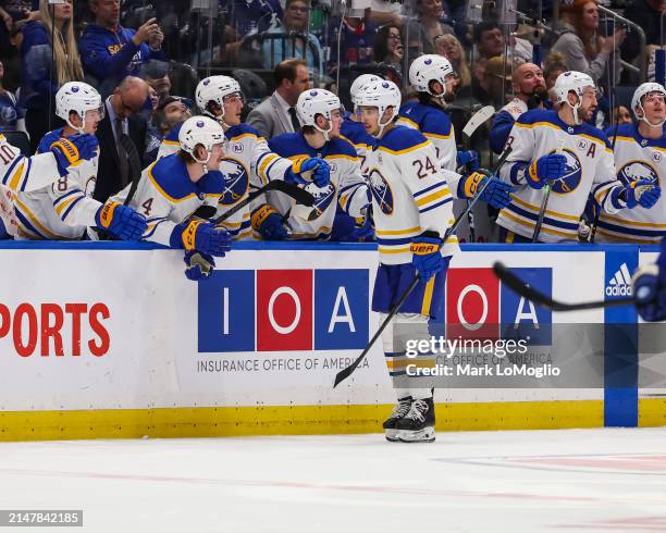 Dylan Cozens of the Buffalo Sabres celebrates a goal with teammates against the Tampa Bay Lightning during the second period at Amalie Arena on April...