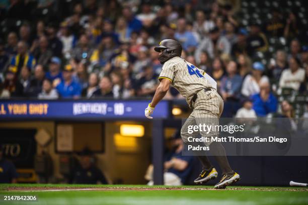 Xander Bogaerts of the San Diego Padres hits the ball in the fifth inning against the Milwaukee Brewers at American Family Field on April 15, 2024 in...