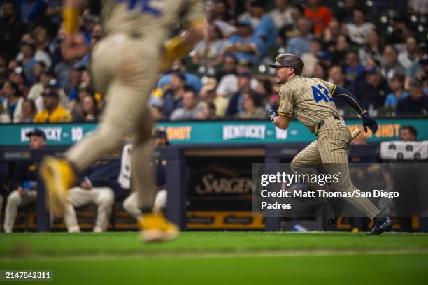 Jackson Merrill of the San Diego Padres runs to first base after a hit in the fifth inning against the Milwaukee Brewers at American Family Field on...