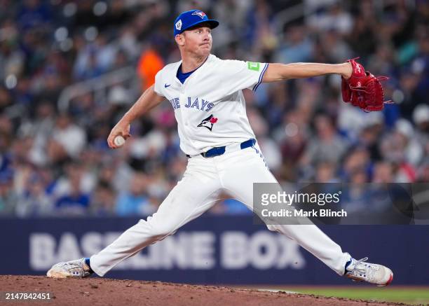 Chris Bassitt of the Toronto Blue Jays pitches to the New York Yankees during the seventh inning in their MLB game at the Rogers Centre on April 15,...