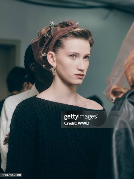 Model backstage at Dior Fall 2024 RTW Show as part of New York Ready to Wear Fashion Week held at the Brooklyn Museum on April 15, 2024 in New York,...
