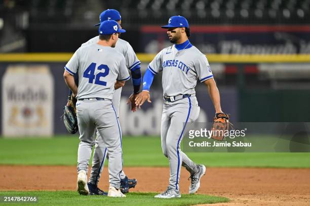 Melendez of the Kansas City Royals celebrates with teammates after defeating the Chicago White Sox 2-0 at Guaranteed Rate Field on April 15, 2024 in...