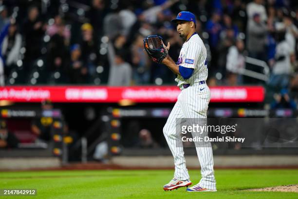 Edwin Díaz of the New York Mets reacts after winning the game between the Pittsburgh Pirates and the New York Mets at Citi Field on Monday, April 15,...