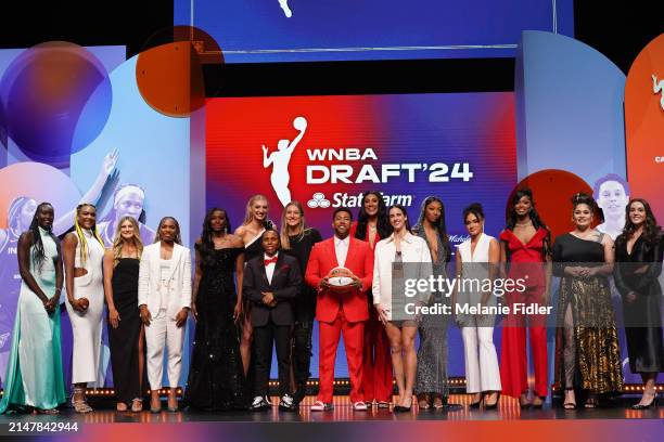 The 2024 Draft Class pose for picture with Jake From State Farm before the 2024 WNBA Draft on April 14, 2025 at the Brooklyn Academy of Music in...